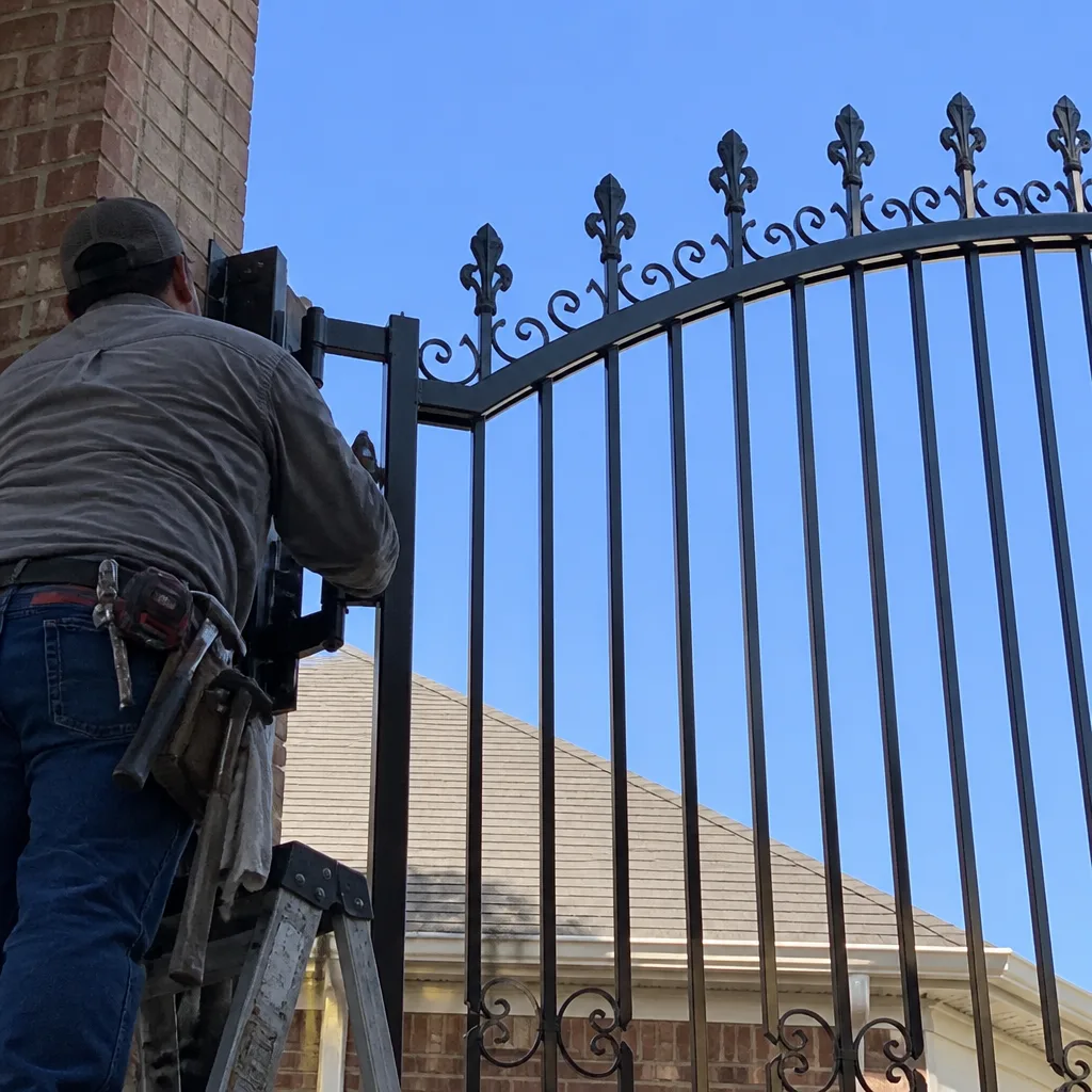 Professional contractor installing a decorative black metal gate on a brick pillar
