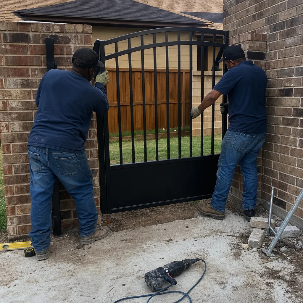 Two men installing a black metal gate between brick walls.