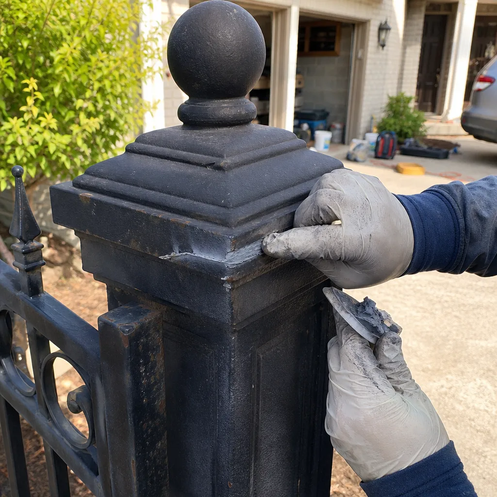Professional repairing a damaged metal fence post with filler