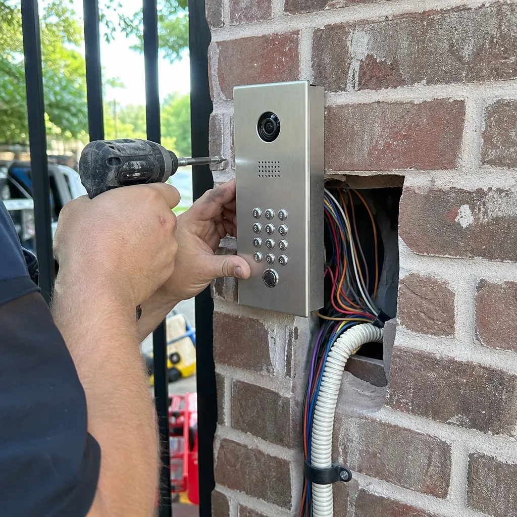 Technician installing a modern stainless steel gate access control entry system in Bedford, TX