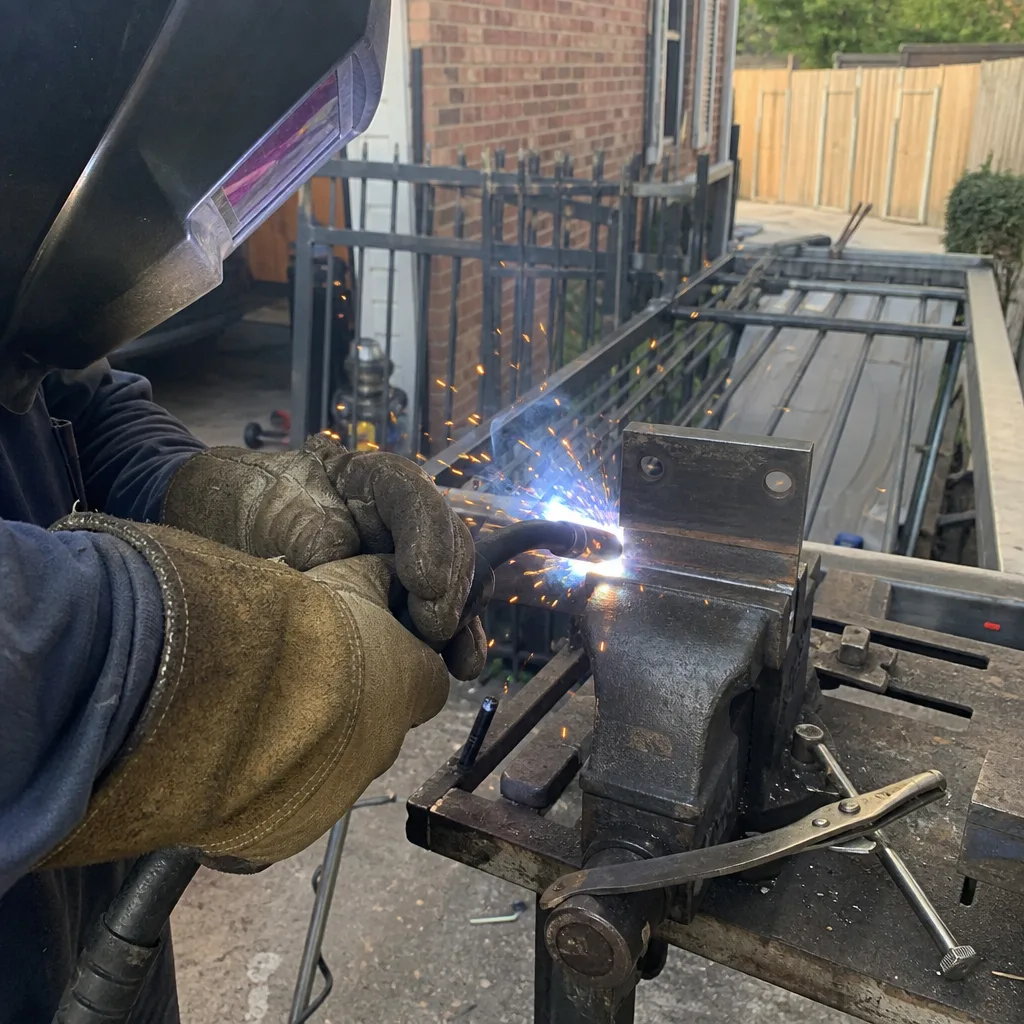 Professional welder performing metal gate parts welding and repair work in Bedford, TX